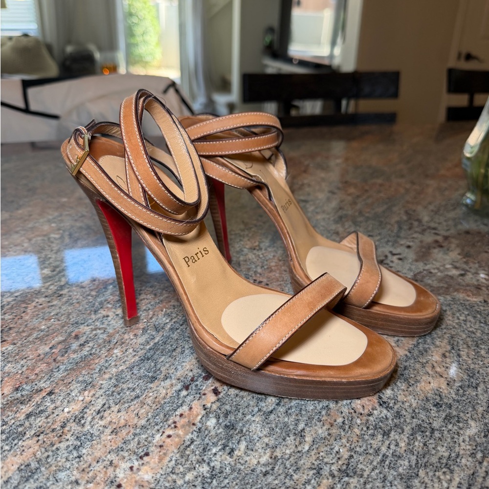 Christian Louboutin Tan Strappy Heels with Red Soles Size 39